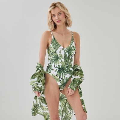 Printed V-Neck Swimsuit - Green