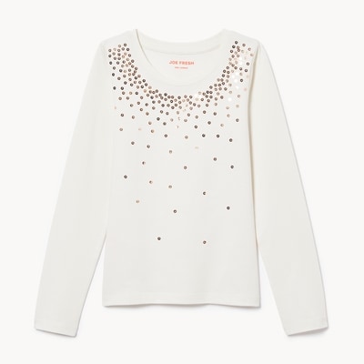 Kid Girls' Sequin Long Sleeve Top - Off White