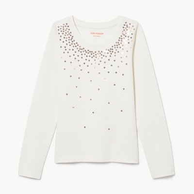 Kid Girls' Sequin Long Sleeve Top - Off White