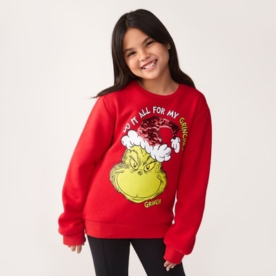 Kid Girls' Grinch Festive Graphic Sweatshirt - Red
