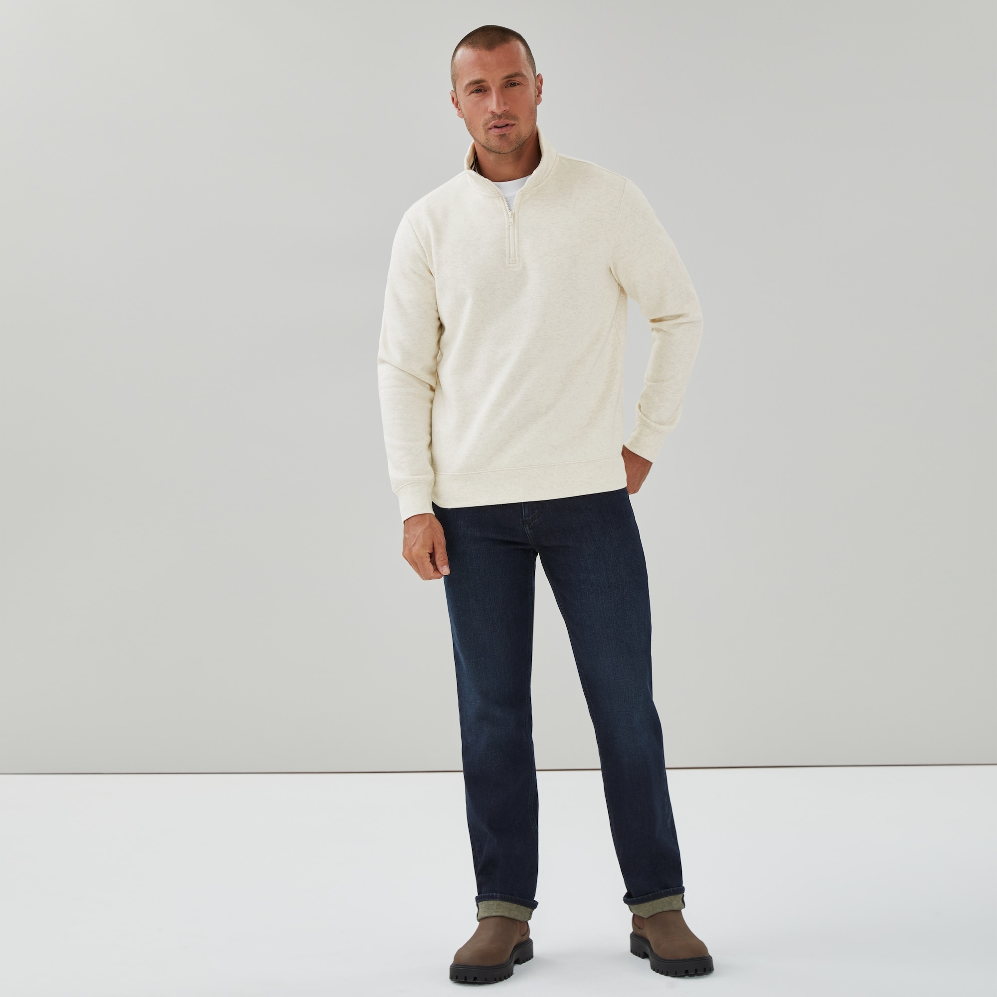 Men's Quarter-Zip Sweatshirt in Light Oat Mix from Joe Fresh
