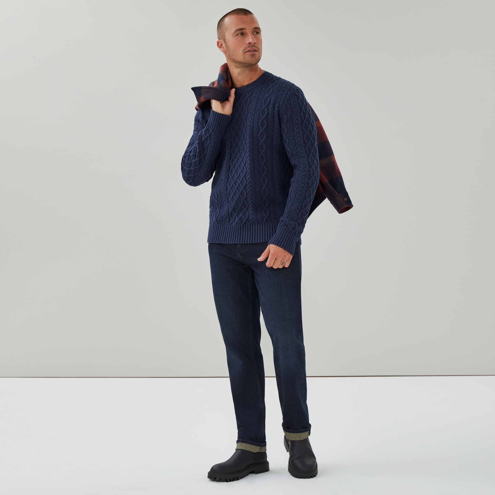 Men's Cable Knit Sweater in Navy Mix from Joe Fresh