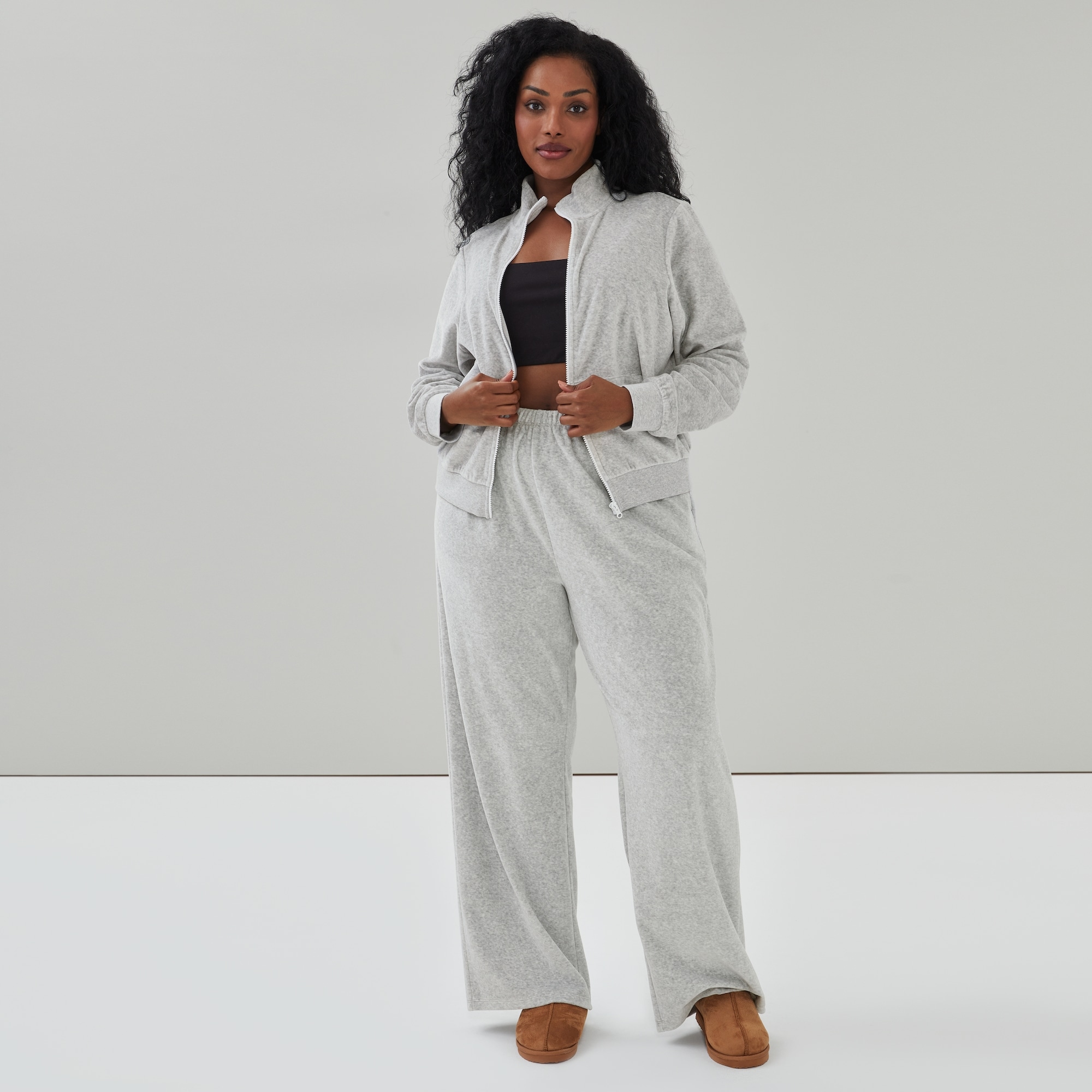 Women+ Active Velour Mock Neck Jacket in Grey Mix from Joe Fresh