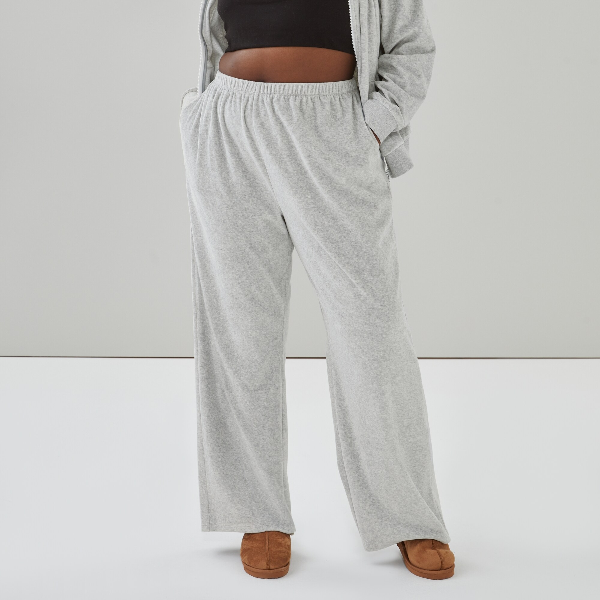 Women+ Active Velour Wide Leg Pant in Grey Mix from Joe Fresh
