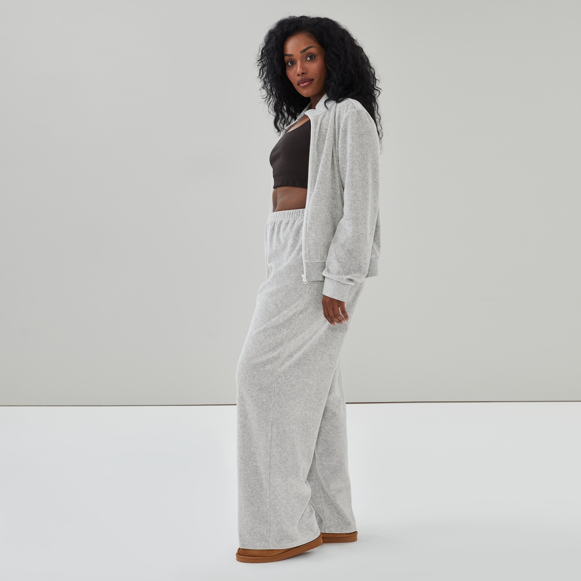 Women+ Active Velour Wide Leg Pant in Grey Mix from Joe Fresh