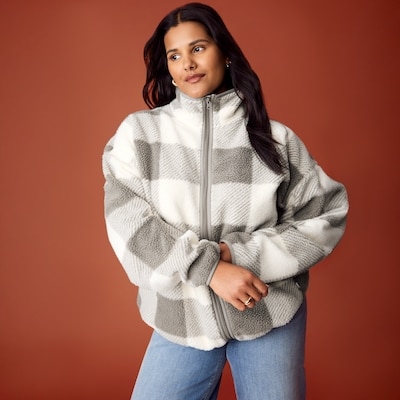 Women+ Printed Teddy Fleece Jacket - Light Brown