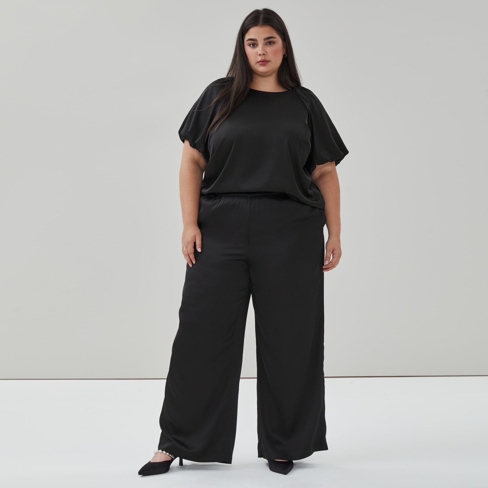 Women+ Satin Wide Leg Pant in JF Black from Joe Fresh