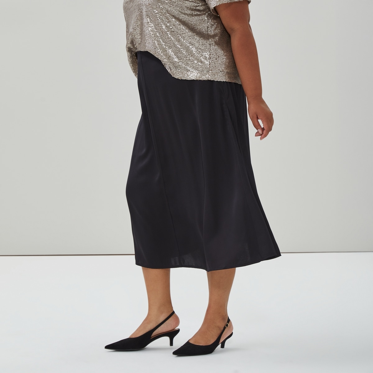 Women+ Satin Flared Midi Skirt - Jf Black