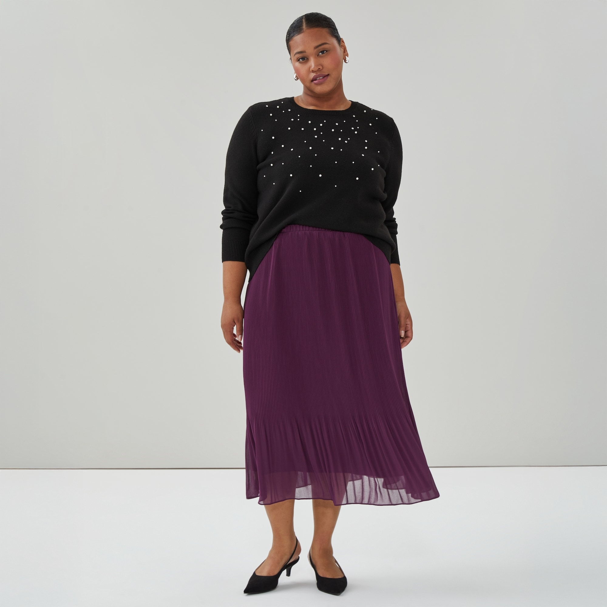 Women+ Chiffon Pleated Midi Skirt in Dark Plum from Joe Fresh