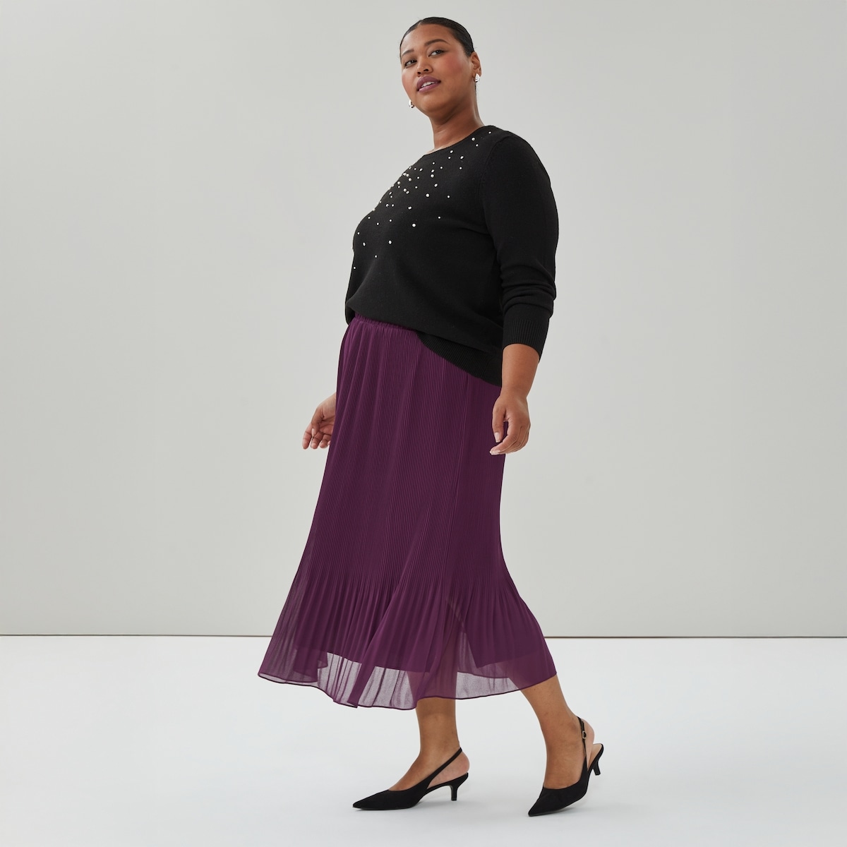 Jupe midi plisse en mousseline Femmes+ - Prune Fonc