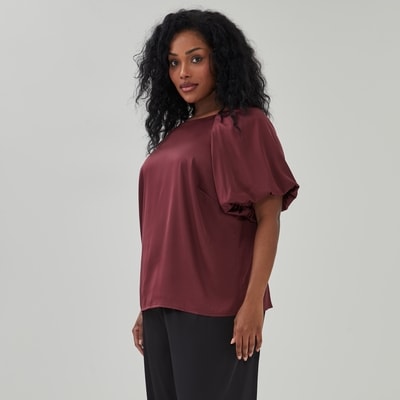 Blouse à manches bouffantes en satin Femmes+ - Rouge Foncé