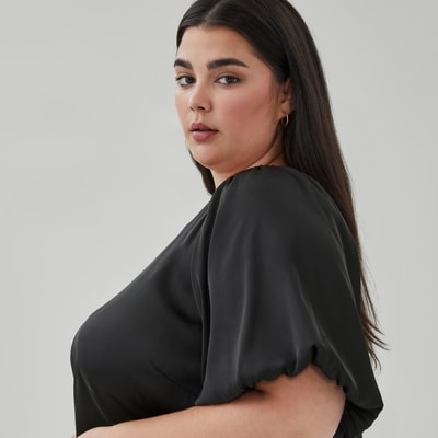Women+ Satin Puff Sleeve Blouse - JF Black