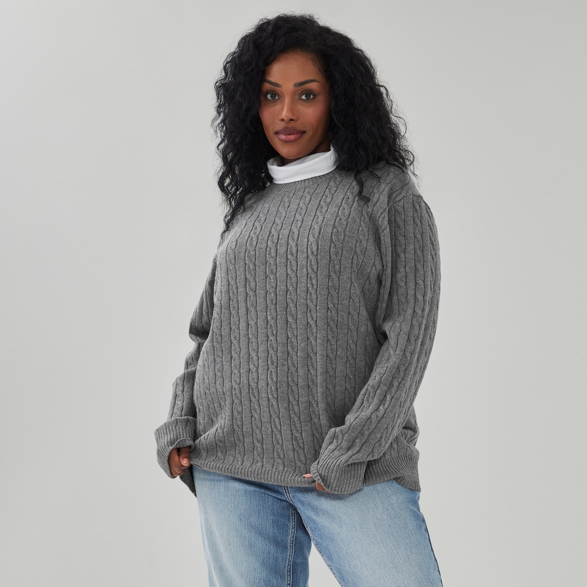 Women+ Cable Knit Pullover - Grey Mix