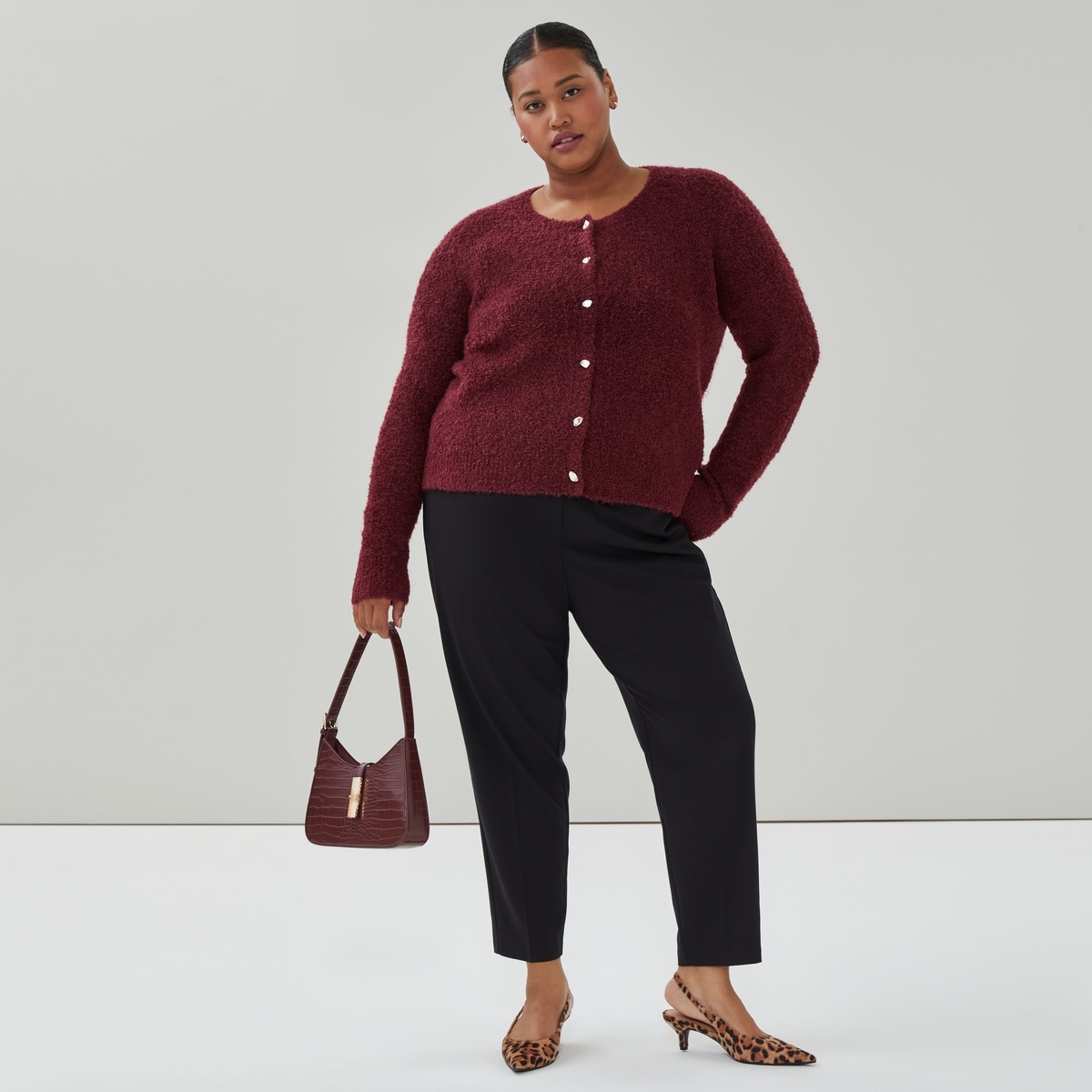 Women+ Boucle Cardigan - Dark Red