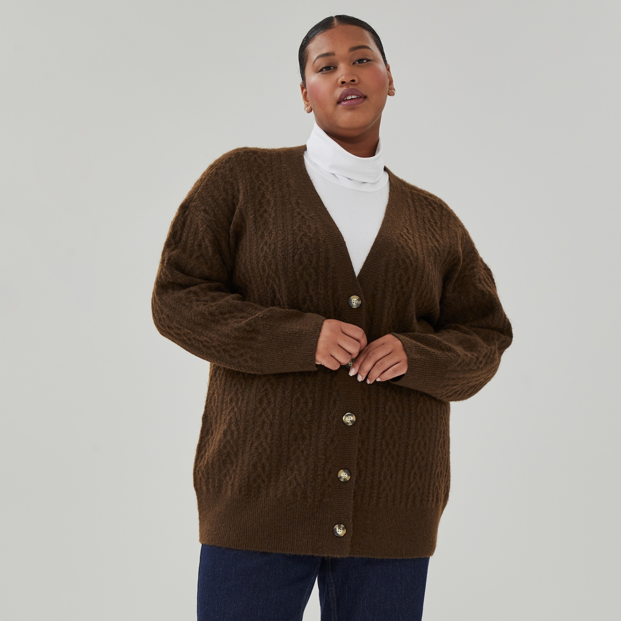 Women+ Cable Knit Cardigan in Brown from Joe Fresh