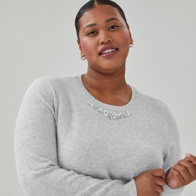 Women+ Embellished Collar Sweater - Grey Mix