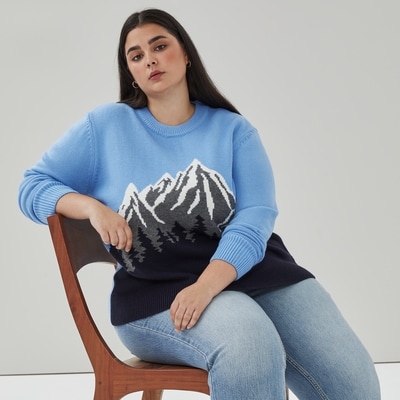 Women+ Festive Mountain Knit Sweater - Light Blue
