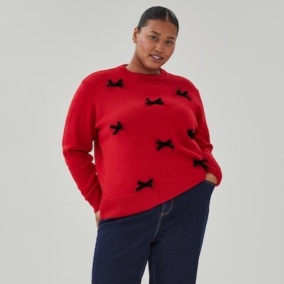 Women+ Festive Bows Knit Sweater - Red