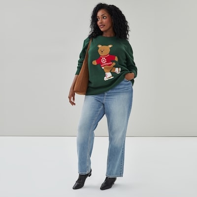 Women+ Festive Bear Knit Sweater - Green