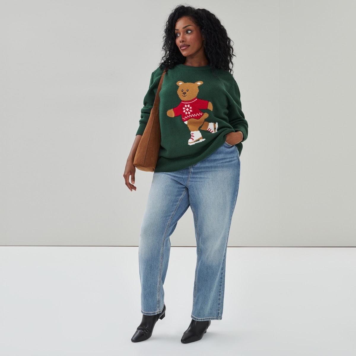 Women+ Festive Bear Knit Sweater - Green