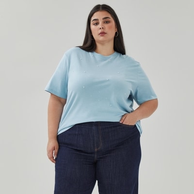 Women+ Embellished Cotton T-Shirt - Light Blue