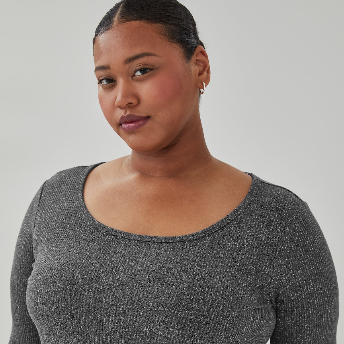 Women+ Lurex Ribbed Long Sleeve Top - Black