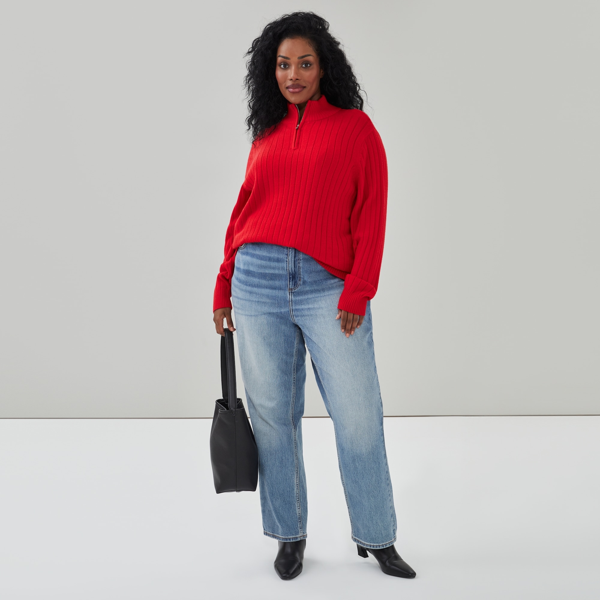 Women+ Ribbed Quarter-Zip Pullover in Red from Joe Fresh
