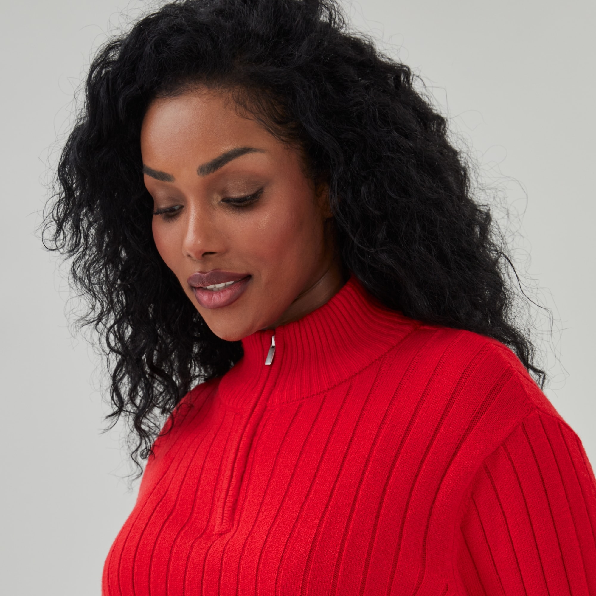 Women+ Ribbed Quarter-Zip Pullover in Red from Joe Fresh