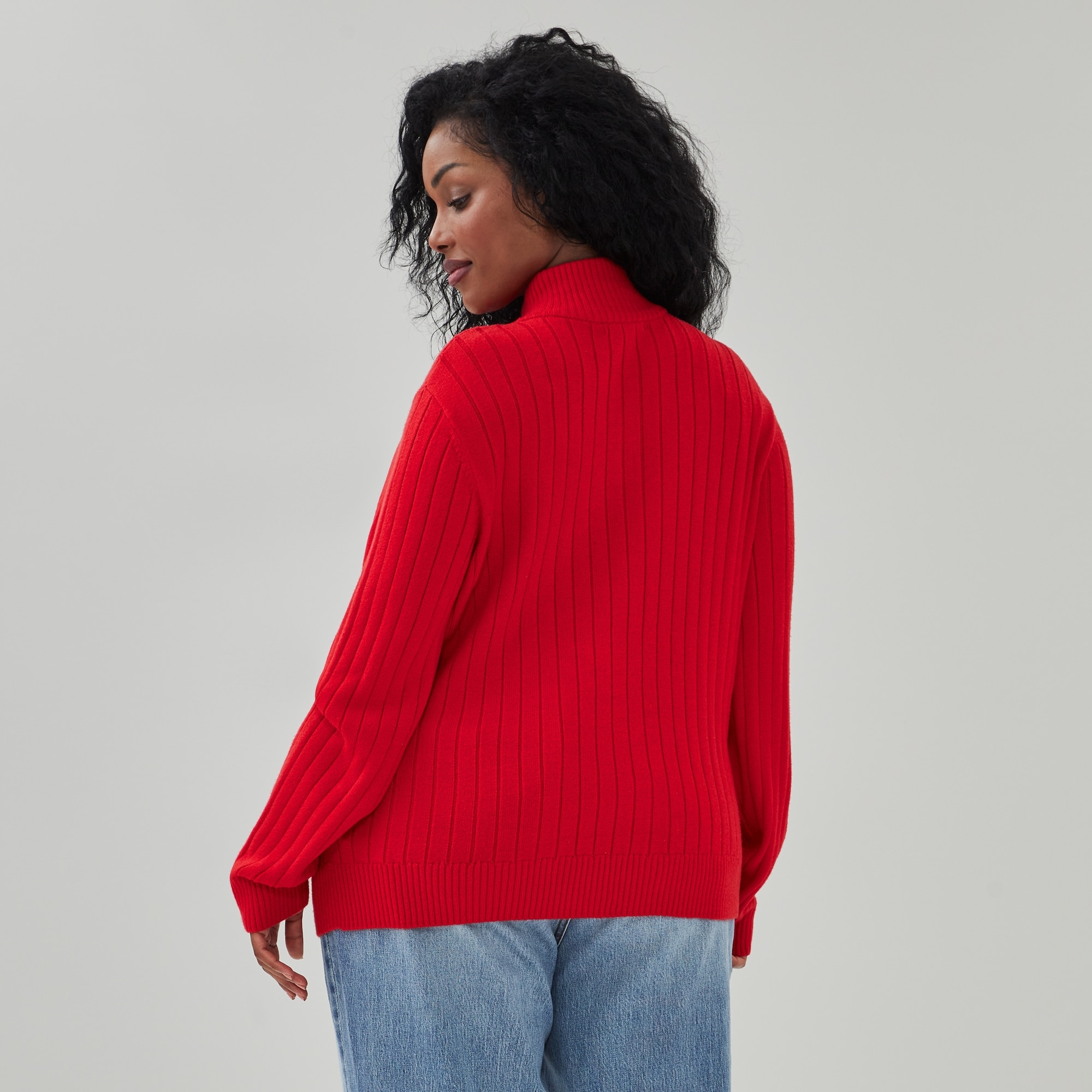 Women+ Ribbed Quarter-Zip Pullover in Red from Joe Fresh