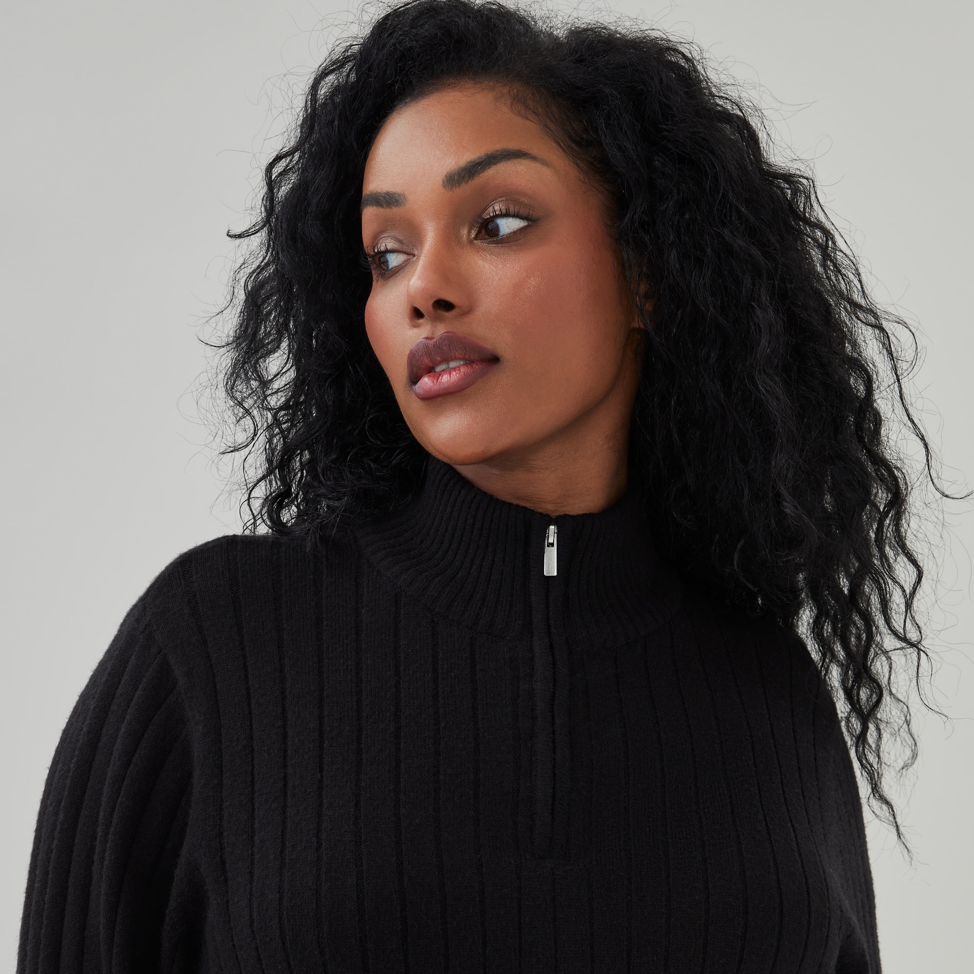 Women+ Ribbed Quarter-Zip Pullover in JF Black from Joe Fresh
