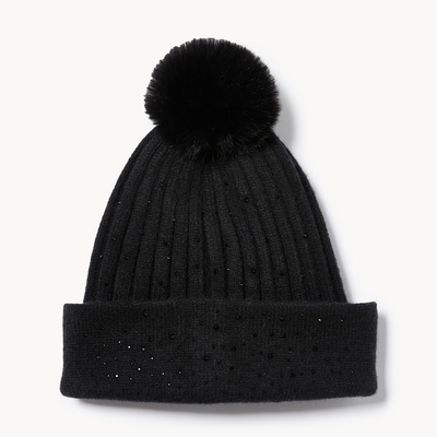 Embellished Ribbed Toque - Black