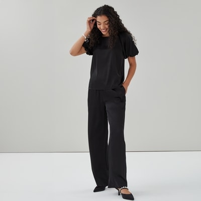 Satin Puff Sleeve Blouse - JF Black