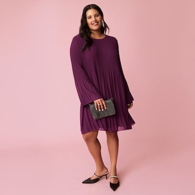 Chiffon Pleated Swing Dress - Dark Plum