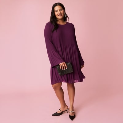 Robe trapèze plissée en mousseline - Prune foncé