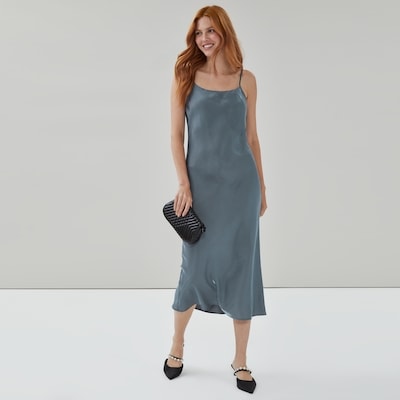 Satin Midi Slip Dress - Slate Grey