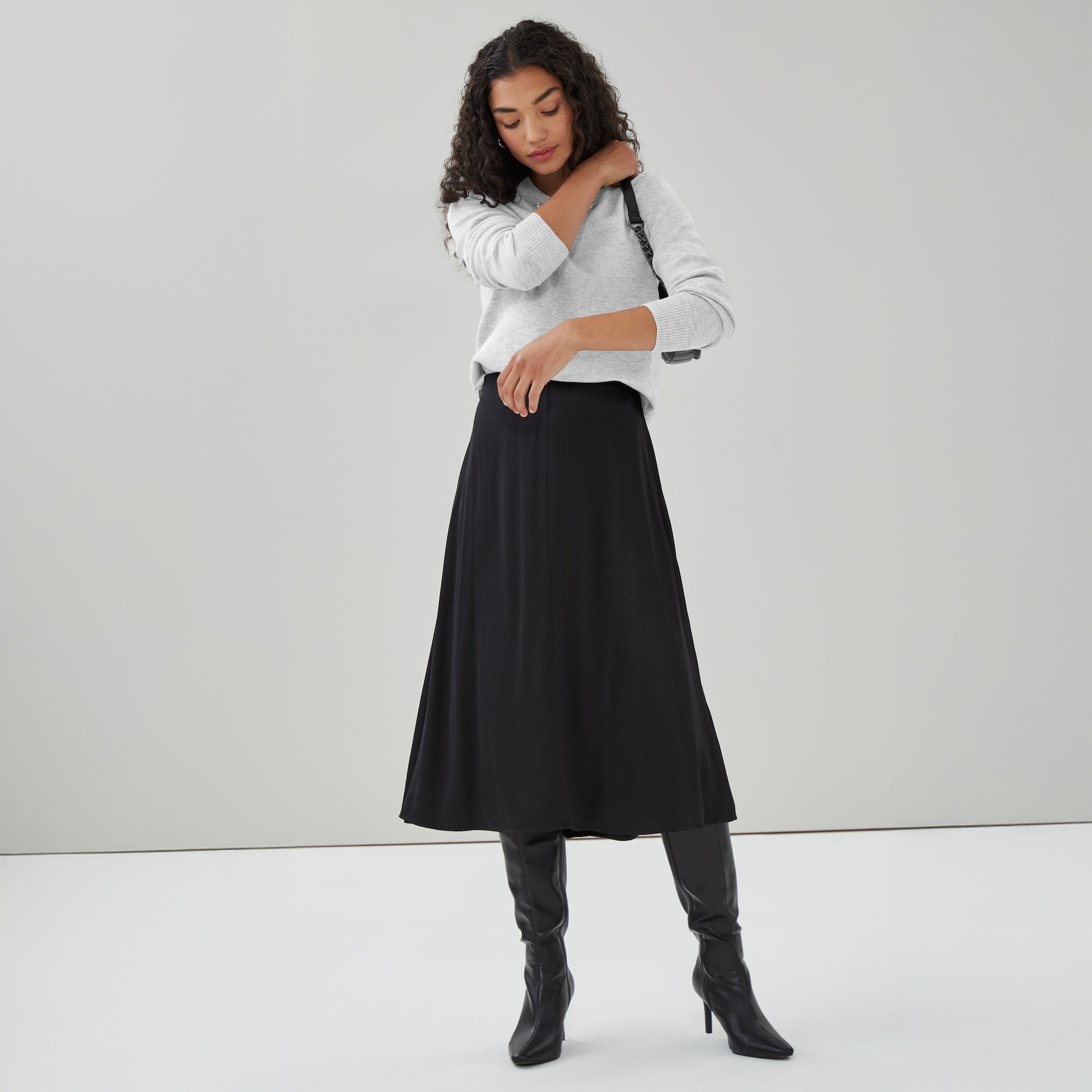 Satin Flared Midi Skirt in JF Black from Joe Fresh