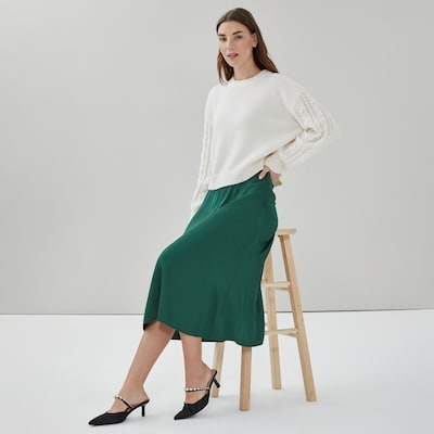 Satin Flared Midi Skirt - Green