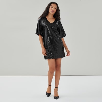 Sequin T-Shirt Dress - Black