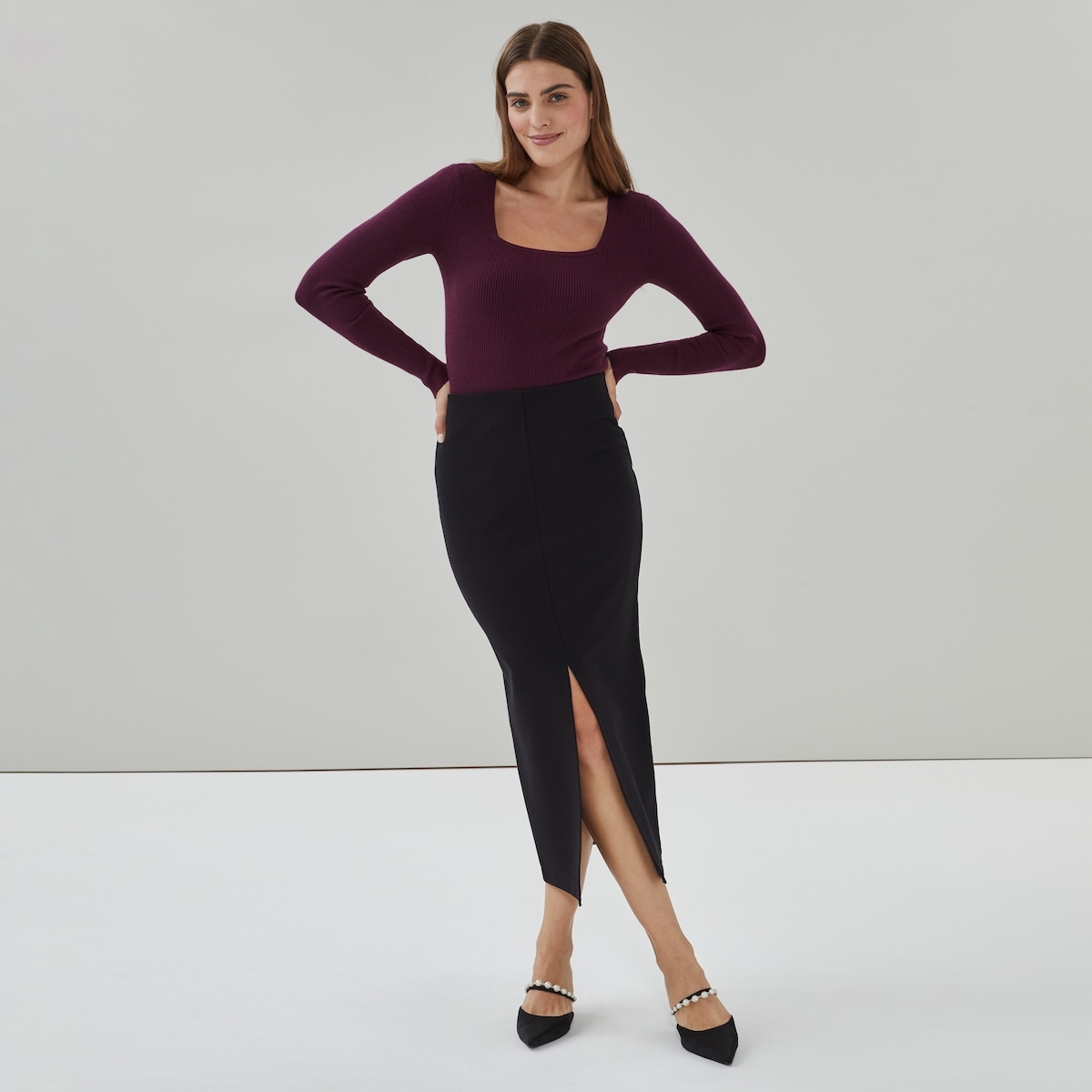 Jupe maxi fendue en maille point de Rome