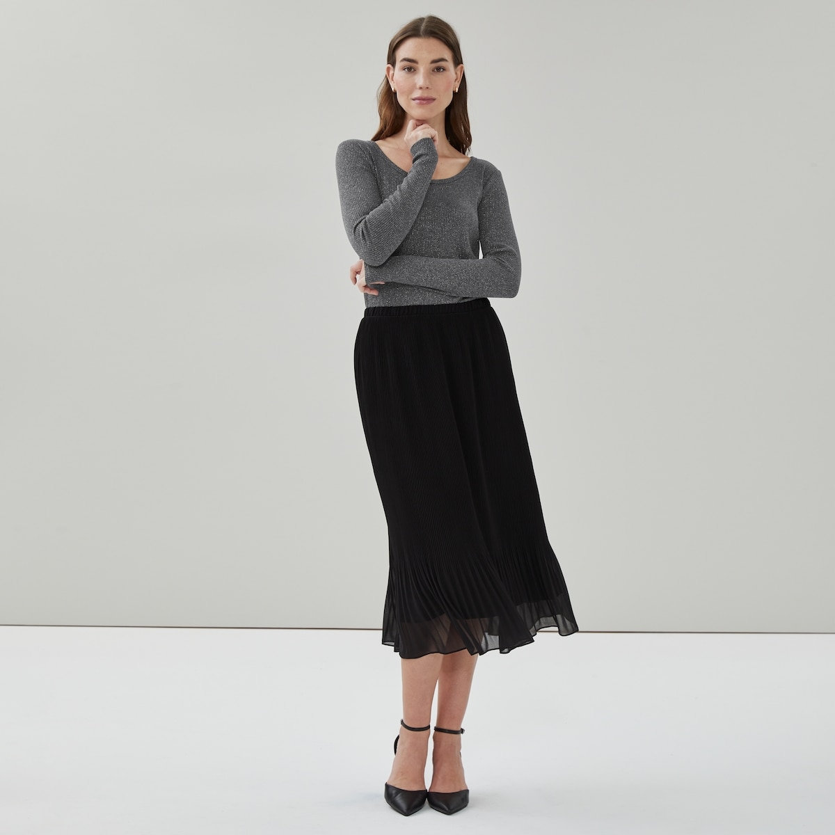 Lurex Ribbed Long Sleeve Top - Black