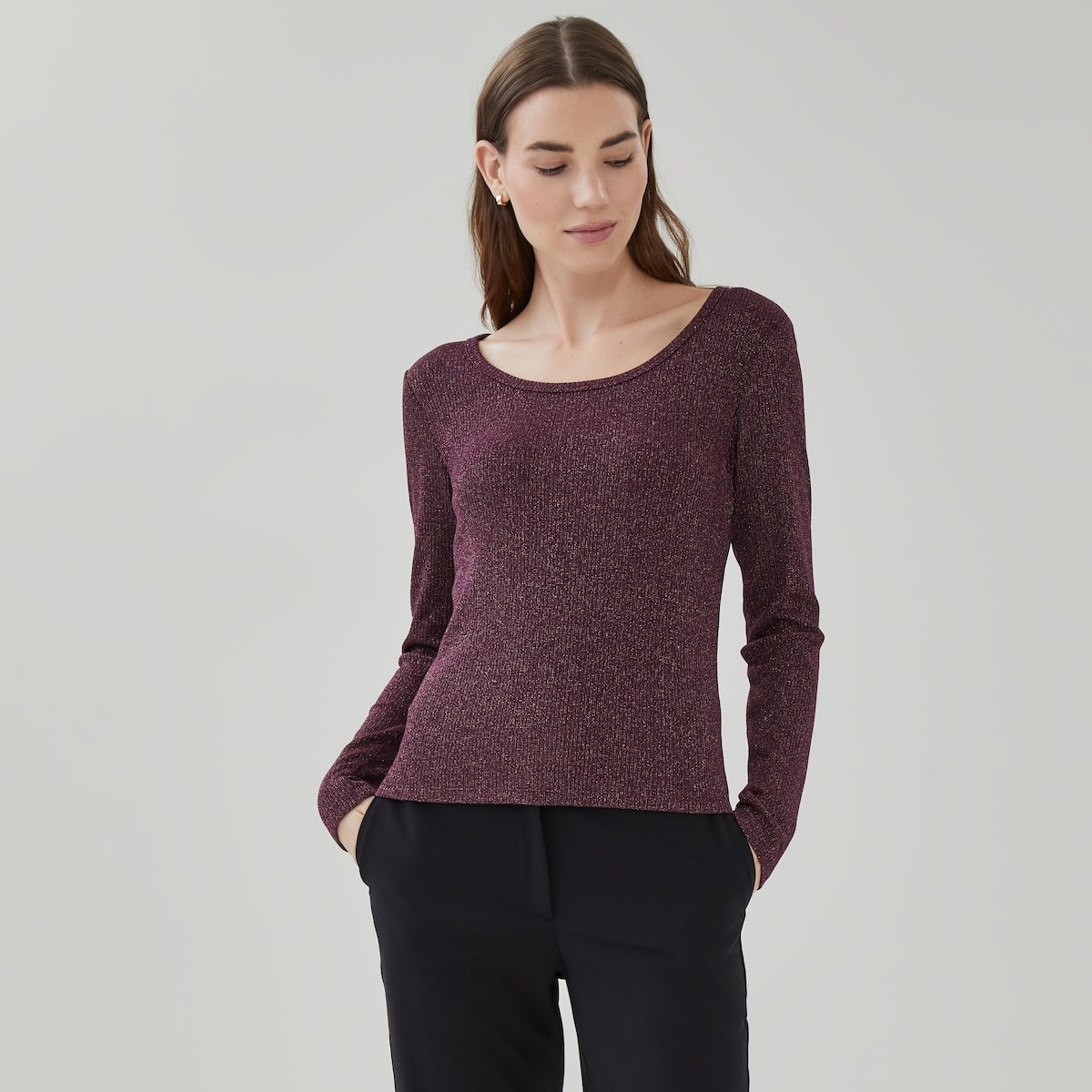 Lurex Ribbed Long Sleeve Top - Dark Plum