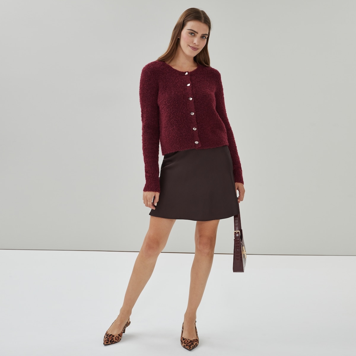 Cardigan en tricot boucl - Rouge Fonc