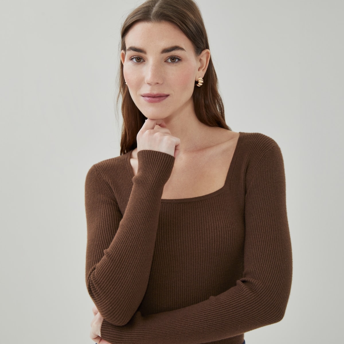 Ribbed Long Sleeve Top - Brown
