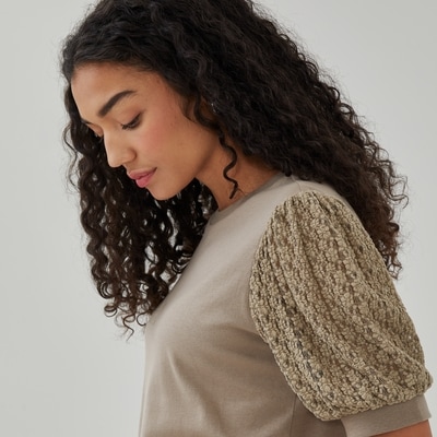 Novelty Puff Sleeve T-Shirt - Taupe