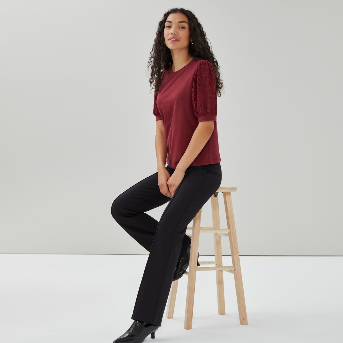 T-shirt fantaisie  manches bouffantes - Rouge Fonc