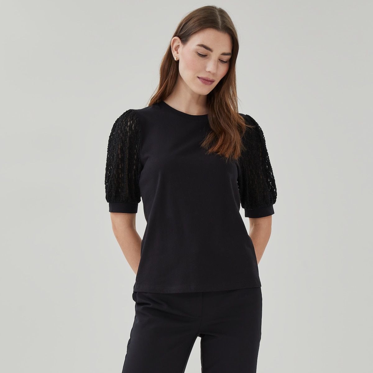 T-shirt fantaisie  manches bouffantes - Noir Jf