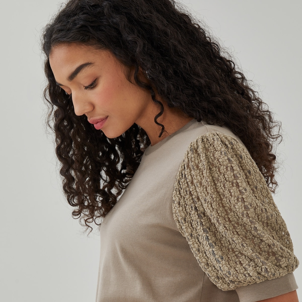 Novelty Puff Sleeve T-Shirt - Taupe