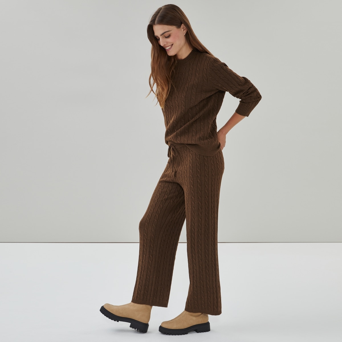 Pantalon en tricot  jambe large - Brun