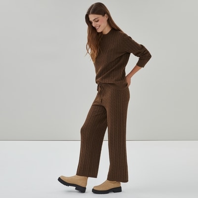Pantalon en tricot à jambe large - Brun