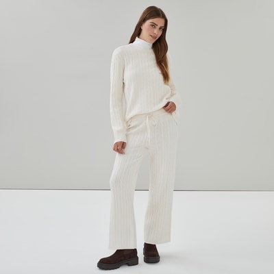 Pantalon en tricot à jambe large - Blanc Cassé